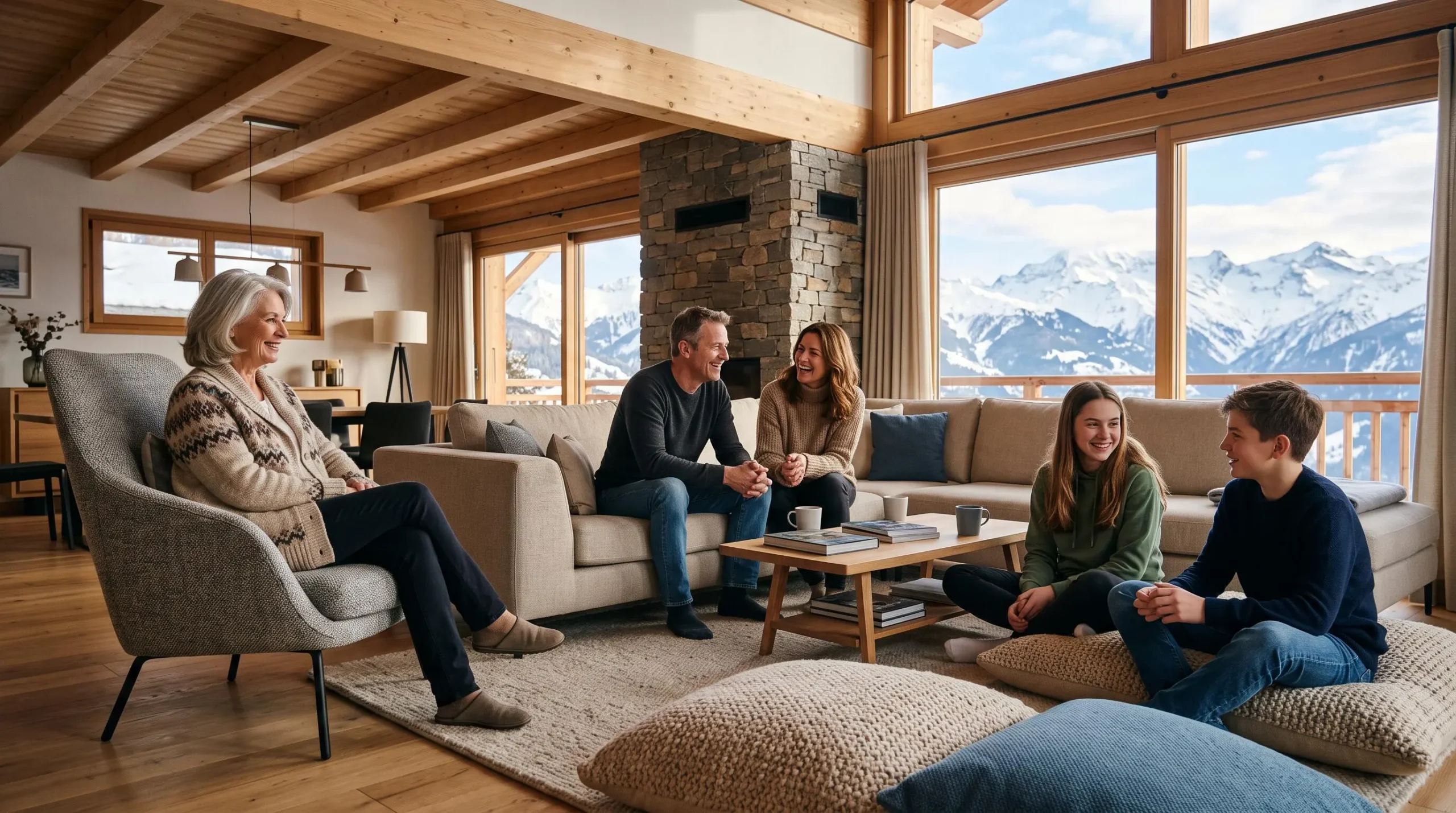 Multi-generational family including grandmother, parents, and two teenagers relaxing together in spacious contemporary luxury Courchevel chalet living room with floor-to-ceiling windows revealing Alpine mountain views