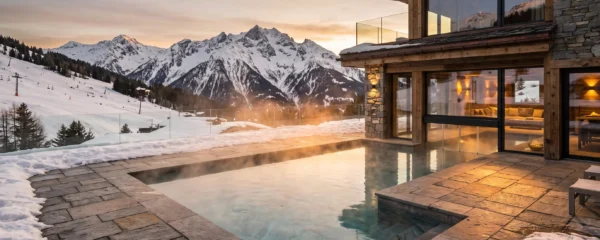 Outdoor heated pool at luxury Courchevel chalet with steam rising from water surface and snow-covered Alpine peaks visible in background under winter afternoon light