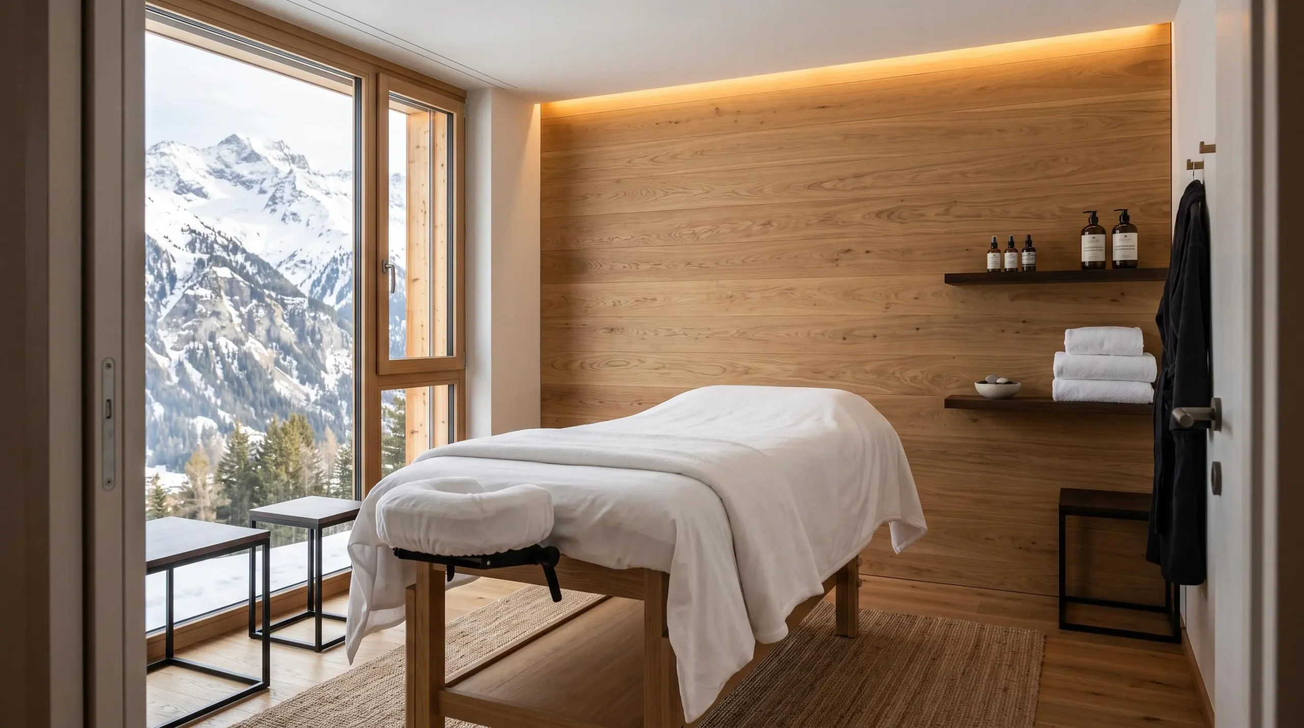 Private spa treatment room in luxury Courchevel chalet featuring professional massage table with premium linens, natural wood accents, and alpine mountain view through picture window