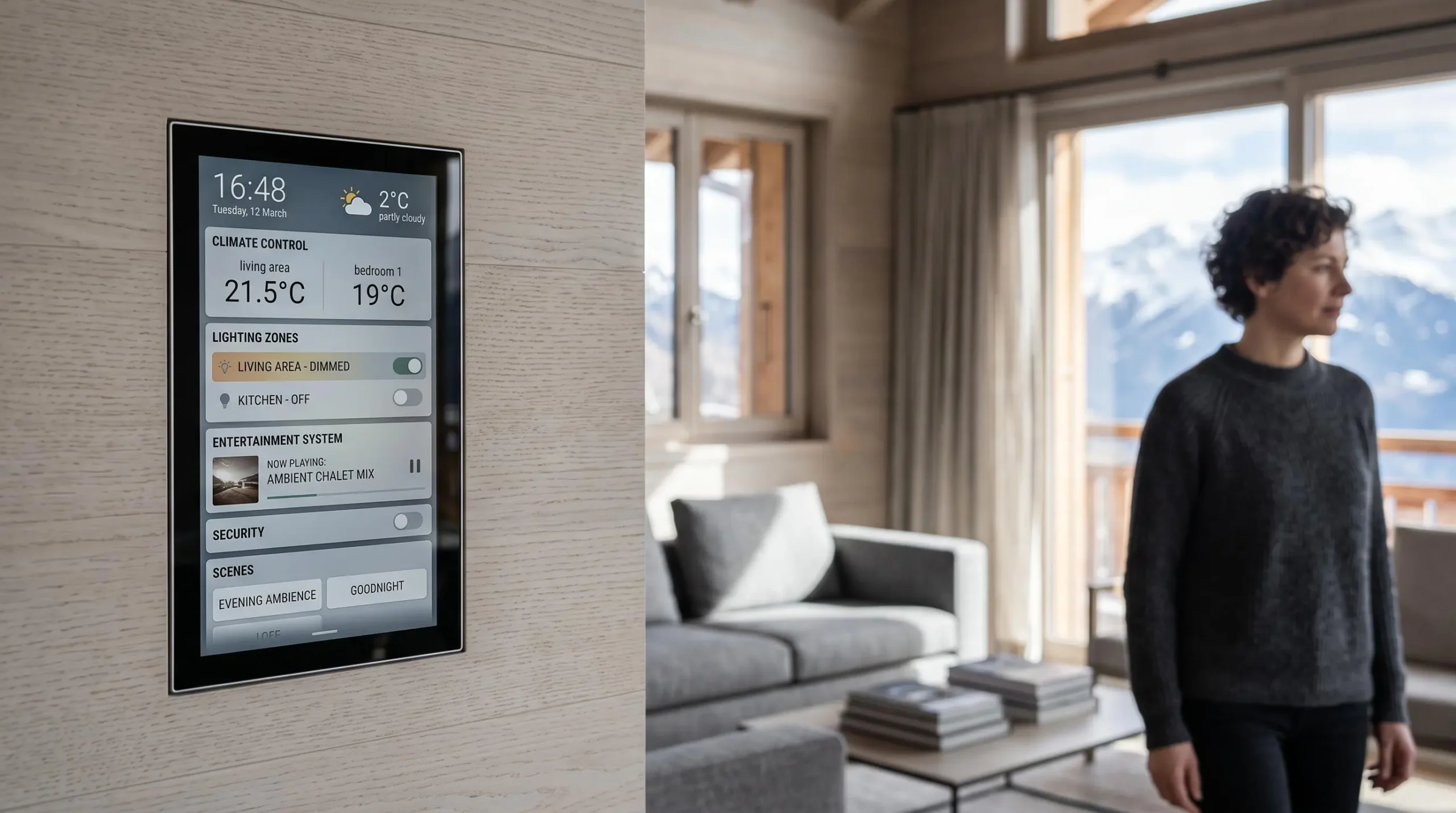 Smart home control touchscreen panel mounted on wall in luxury Courchevel chalet living room displaying climate and lighting controls with contemporary furnishings and mountain view visible in background